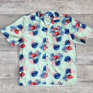 Uzzi Hawaiian Button Down Aloha Flamingo Shirt Mens M Blue Relaxed Resort Wear